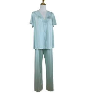 Vintage 80s Vanity Fair Seafoam Green Nylon Lace Trim Pajama Set Women’s Size M